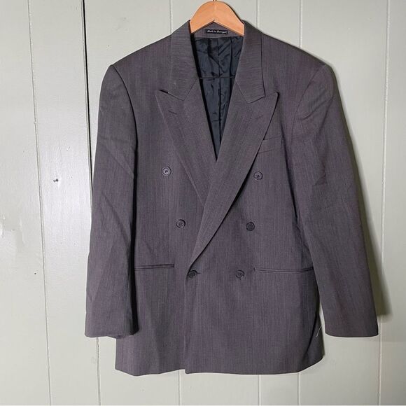 VTG DOUBLE BREASTED Yves Saint Laurent Mens 42R Gray Double Breasted Peak Blazer - Picture 1 of 10
